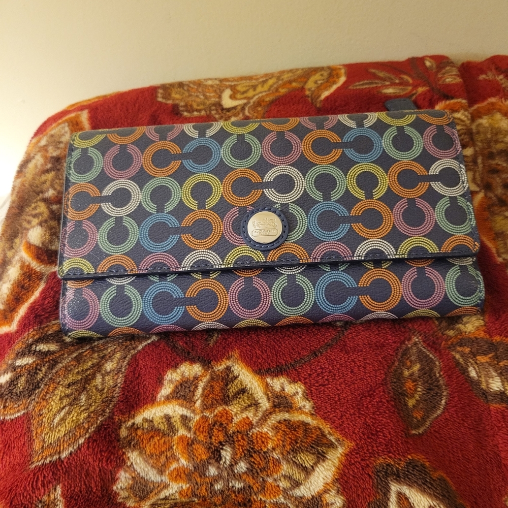 Coach Pebble leather Muti-Color check book wallet.